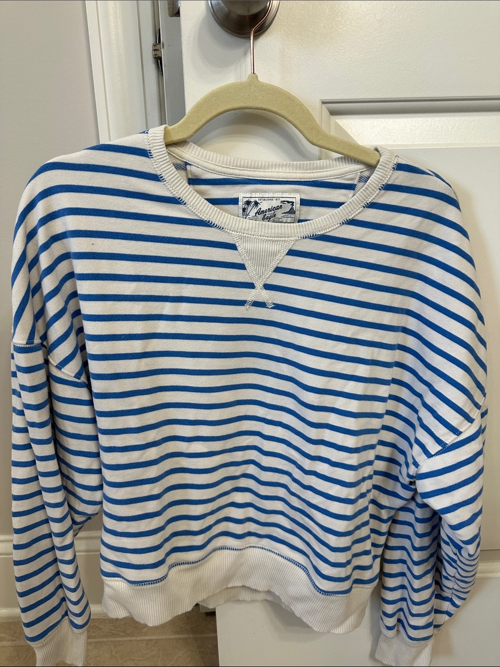 American Eagle White and Blue Striped Pullover Sweatshirt